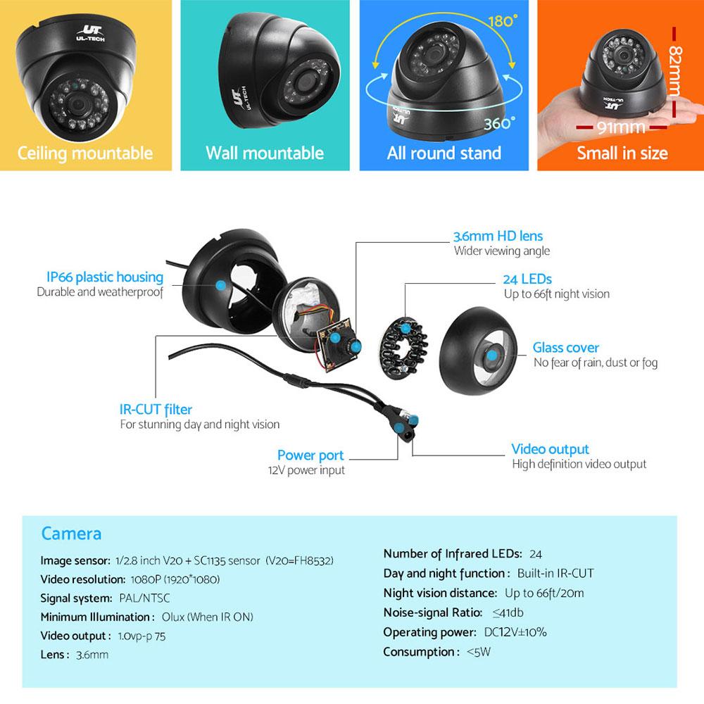UL-tech CCTV Camera Security System Home 8CH DVR 1080P 4 Dome cameras
